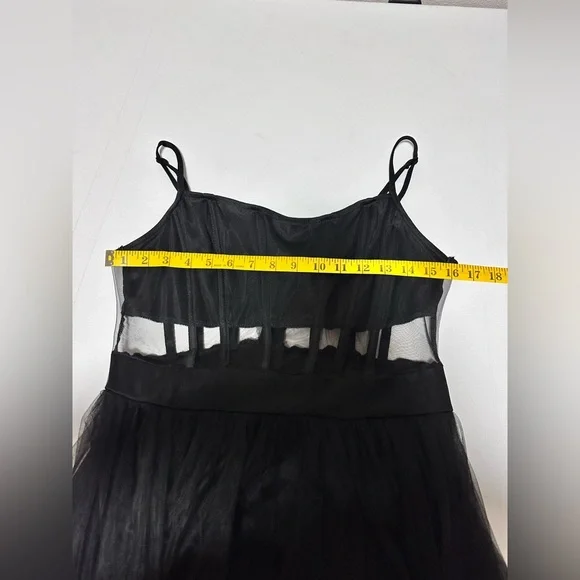 Windsor Black Tulle Cutout Waist Spaghetti Strap Leg Slit Formal Gown Large Prom - Picture 10 of 13